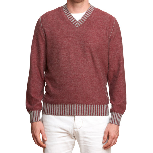 Sartoria CHIAIA Handmade Red Cashmere Wool Knit V-Neck Sweater EU 52 US M-L