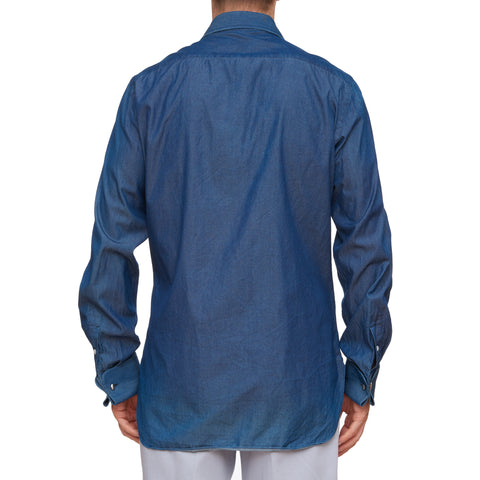 Sartoria CHIAIA Napoli Handmade Blue Cotton Denim French Cuff Shirt EU 43 US 17 Slim