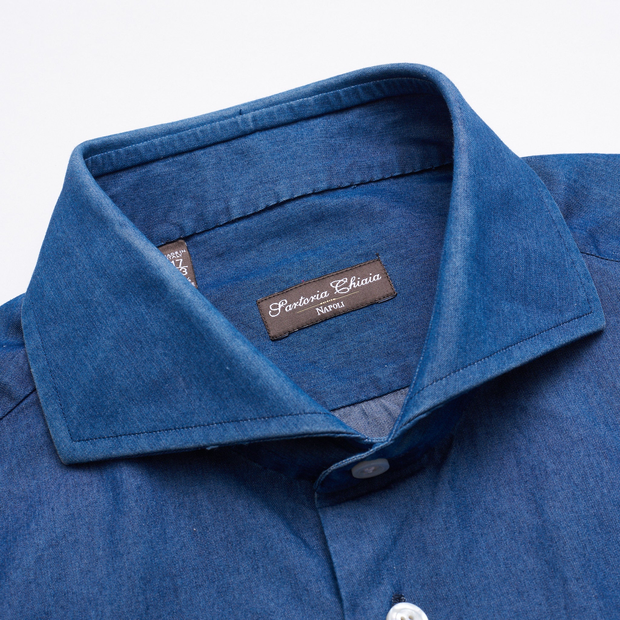 Sartoria CHIAIA Napoli Handmade Blue Cotton Denim French Cuff Shirt EU 43 US 17 Slim