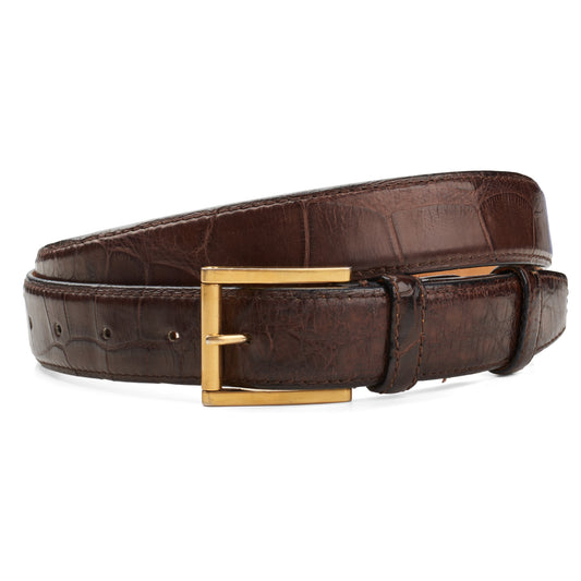VALEXTRA Dark Brown Crocodile Leather Gold-tone Square Buckle Belt 100cm 40"