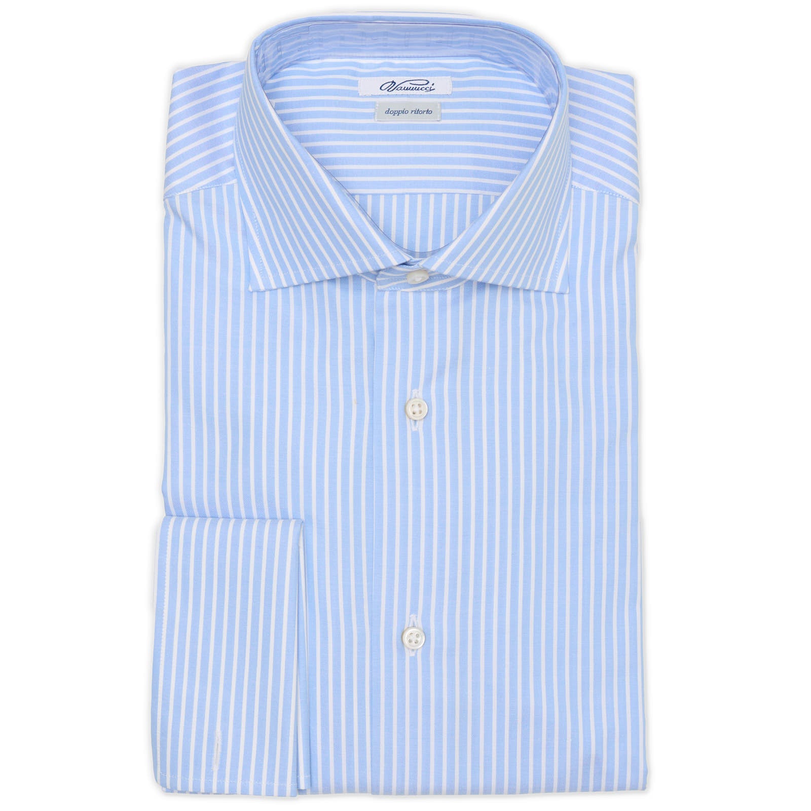 VANNUCCI Milano Blue-White Striped Cotton French Cuff Dress Shirt EU 40 NEW US 15.75