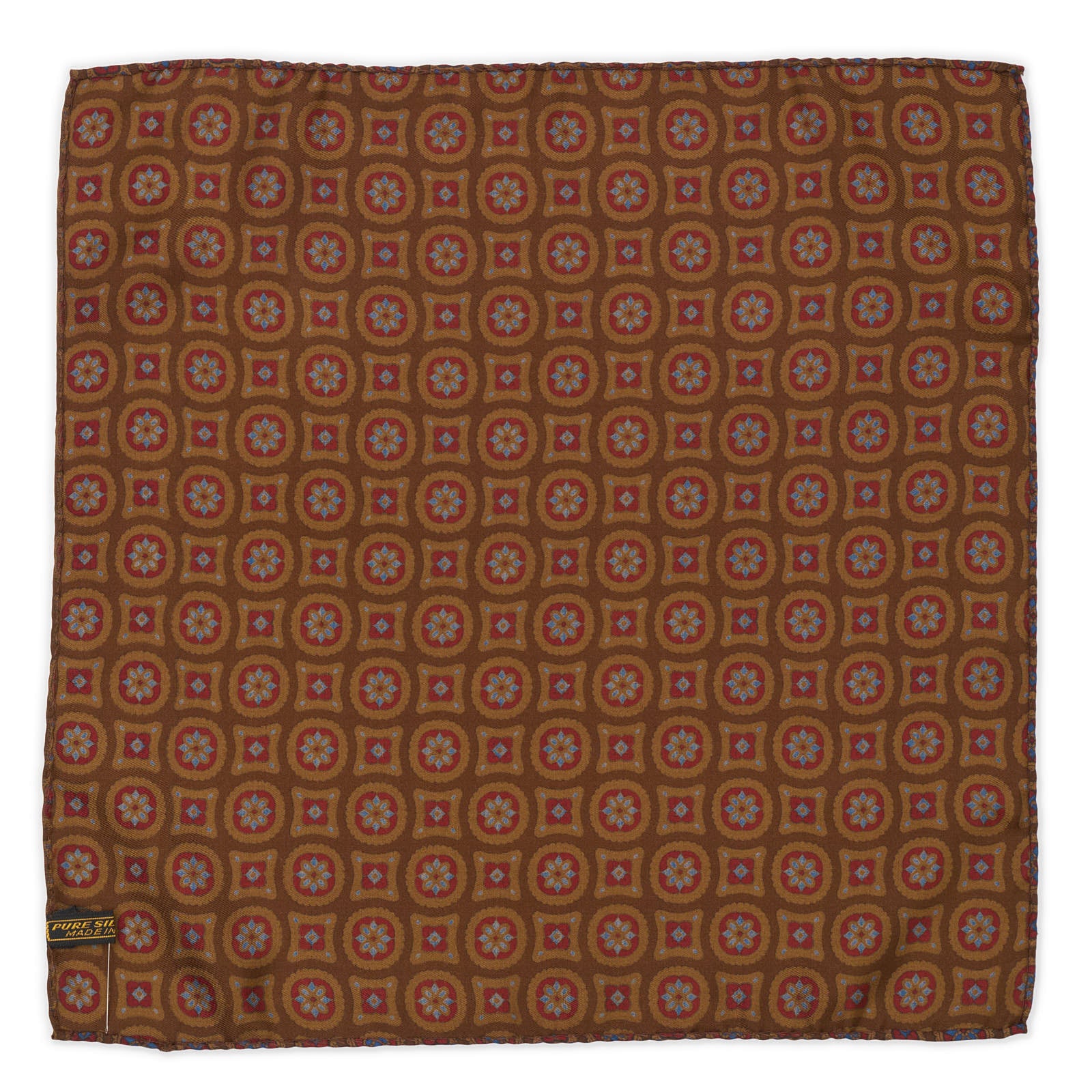 VANNUCCI Milano Handmade Brown Medallion Silk Pocket Square NEW 31cm x 31cm