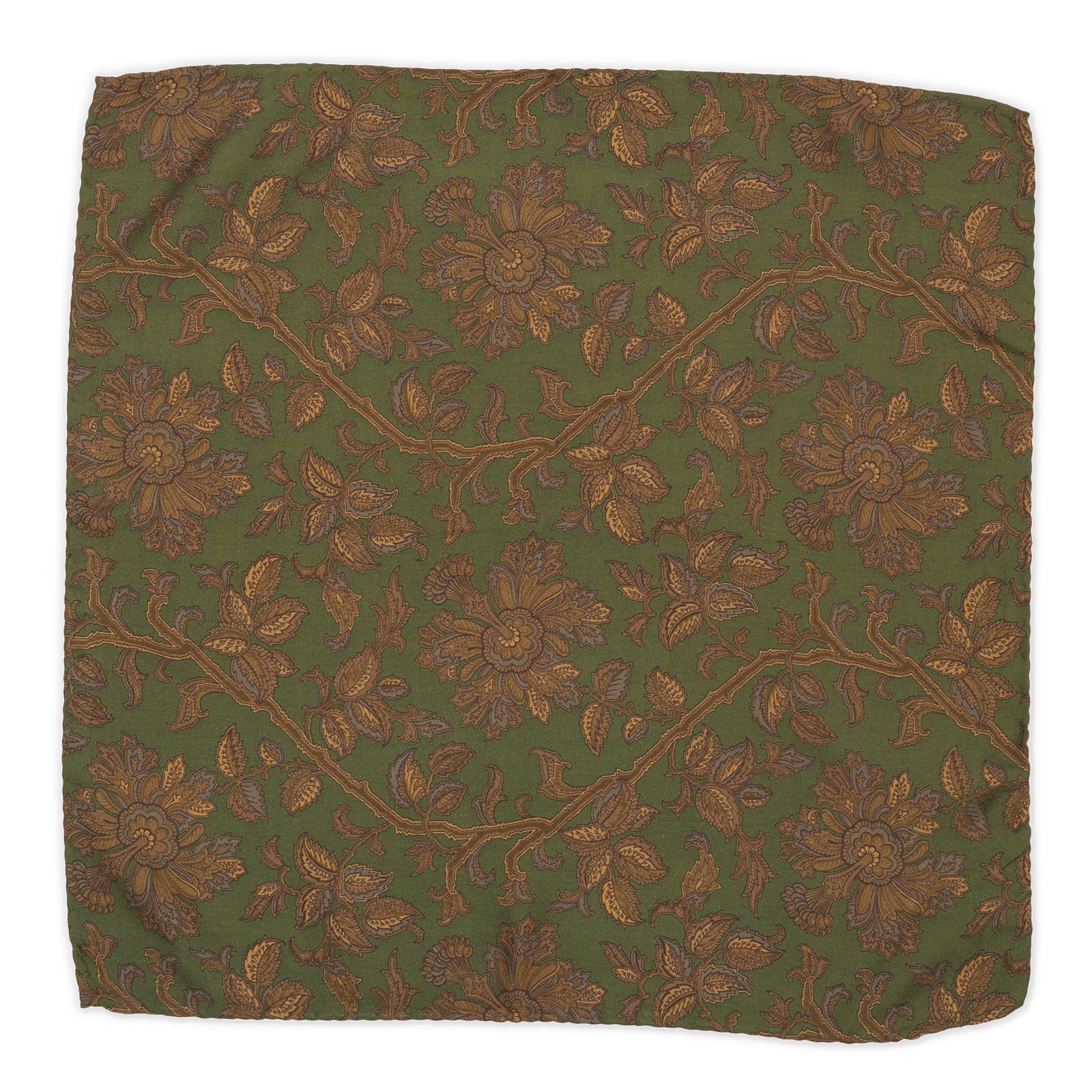 Vintage VANNUCCI Milano Handmade Green-Brown Floral Silk Pocket Square NEW 30cm x 30cm