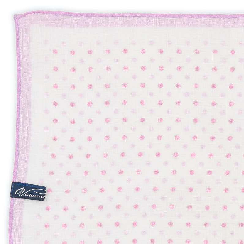 VANNUCCI Milano Handmade White-Purple Dot Linen Pocket Square NEW 32cm x 31cm