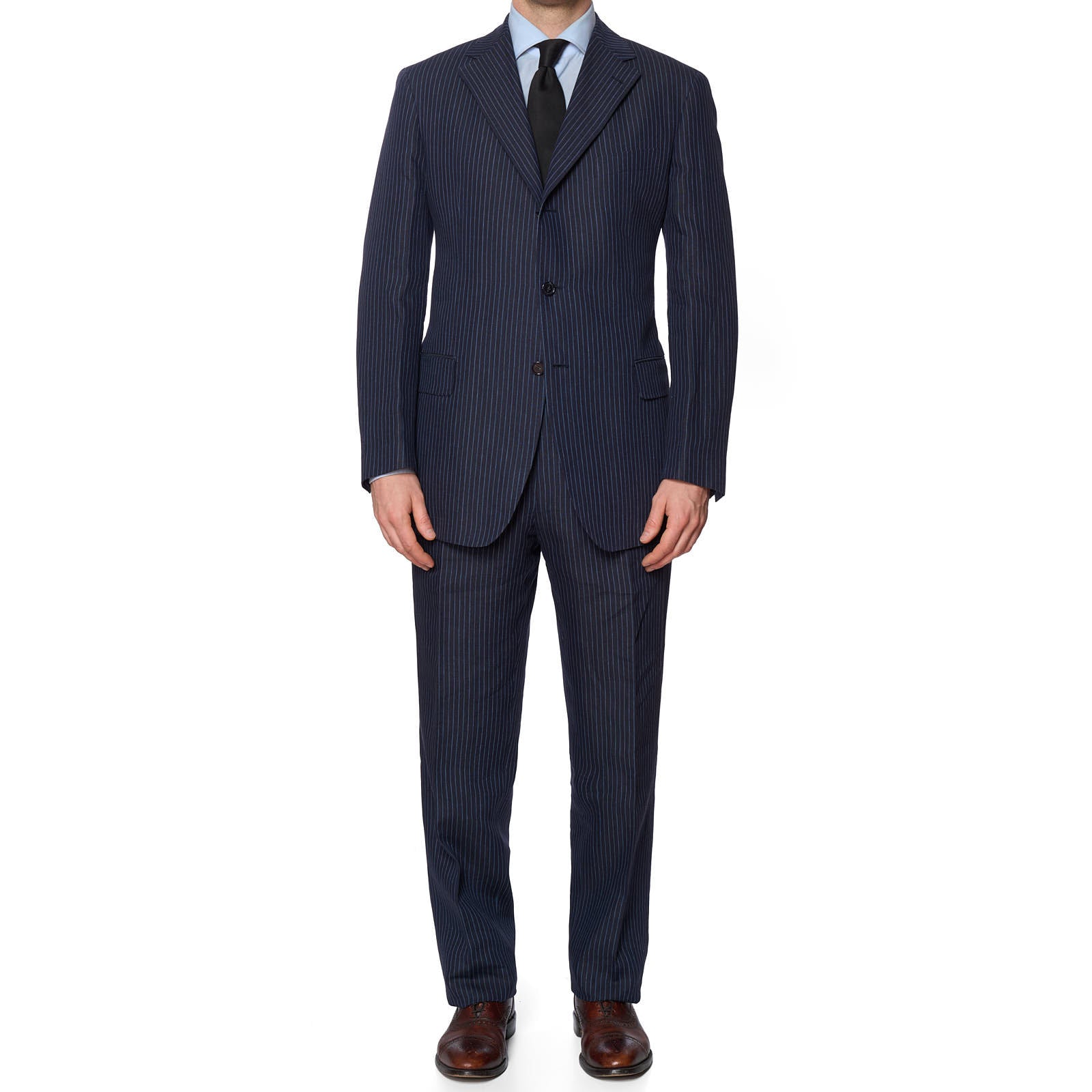 VANNUCCI Milano Navy Blue Striped Linen Suit EU 54 NEW US 44