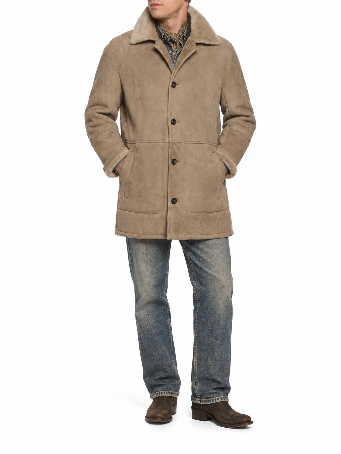 HETTABRETZ Taupe Suede Shearling Leather Fur Coat Overcoat