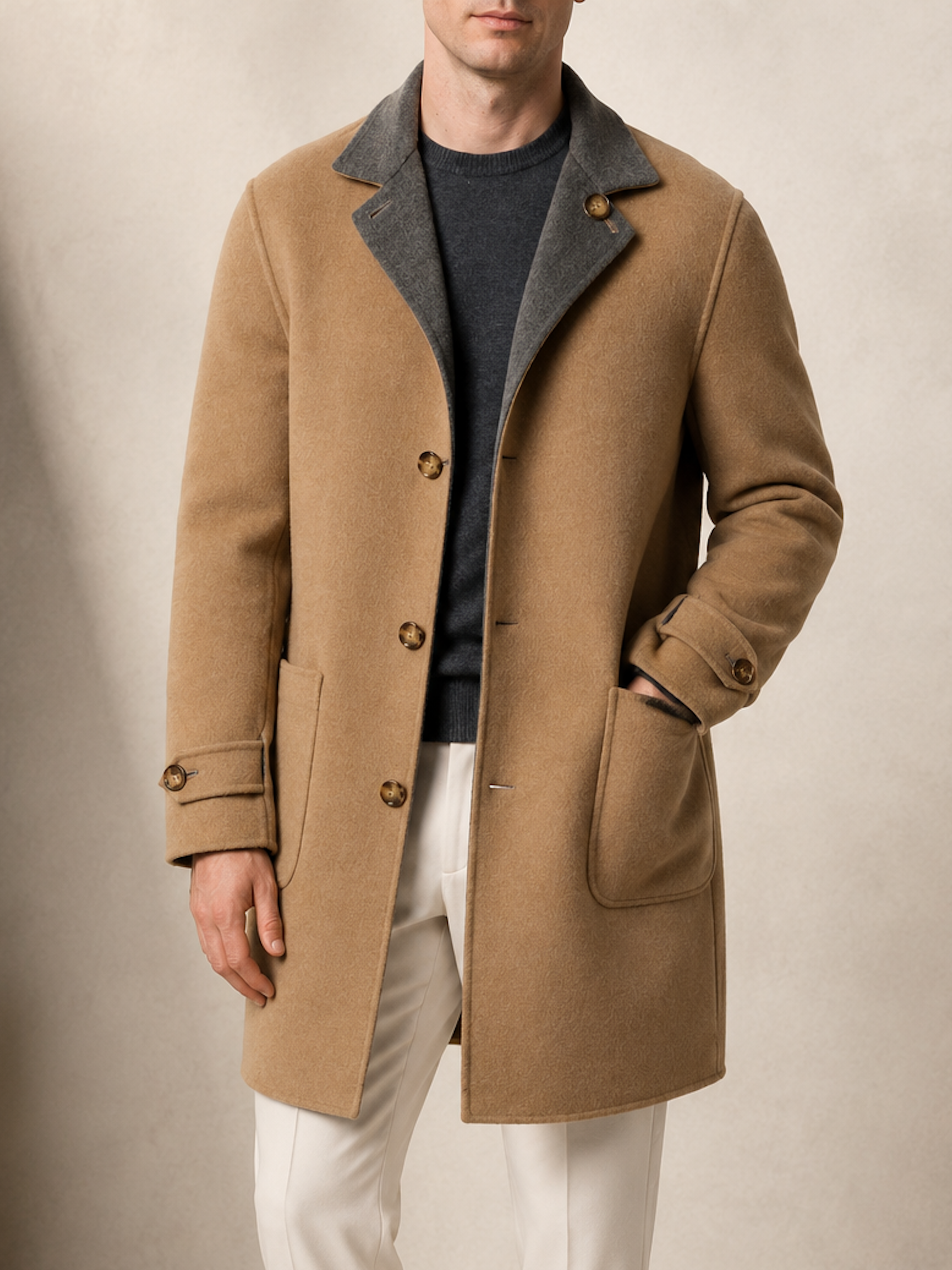 BRUNELLO CUCINELLI Beige-Gray Double Sided Cashmere Overcoat 50