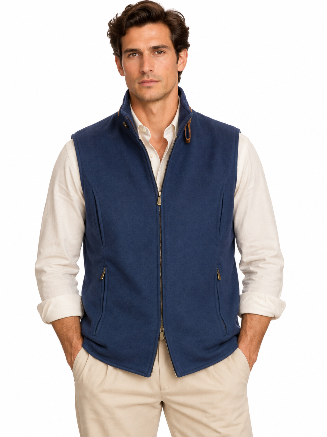 LORO PIANA Blue Cashmere Suede Trims Vest M