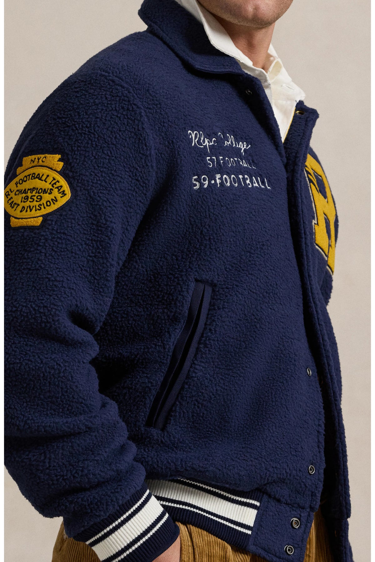 POLO RALPH LAUREN Blue Curly Pile Fleece Letterman Varsity Jacket