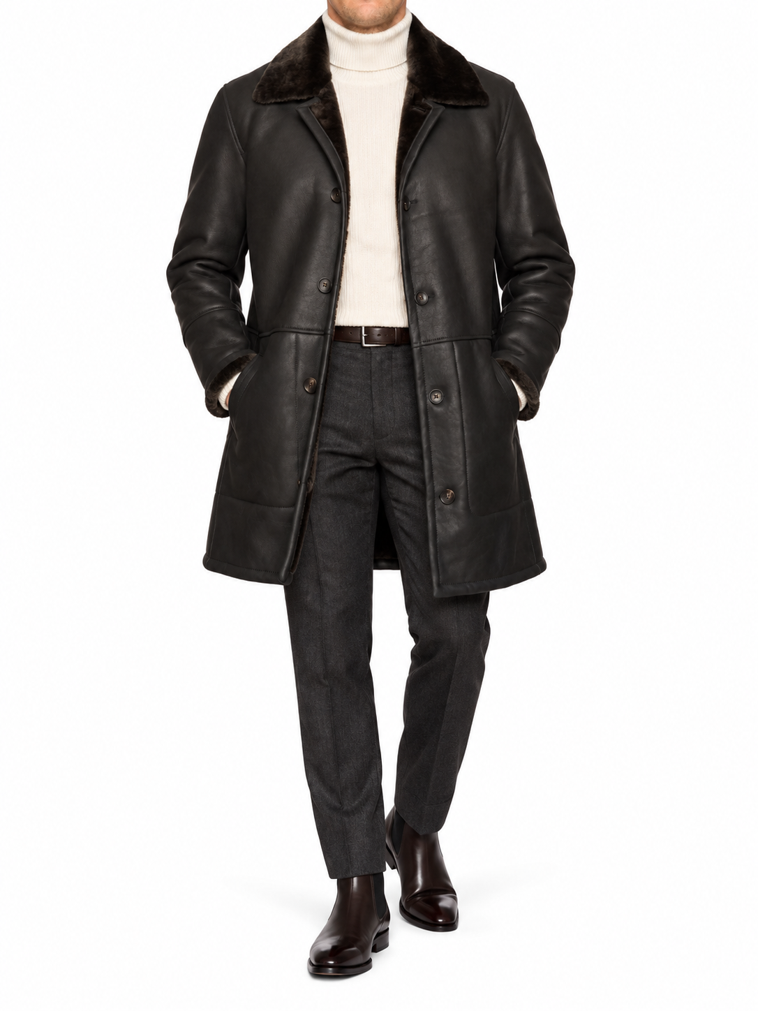 HETTABRETZ Black Nappa Leather Shearling Mouton Coat