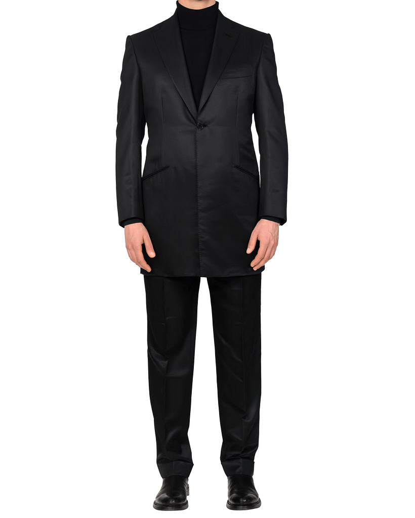 D'AVENZA "KENT" Handmade Black Striped 1 Button Wool Silk Suit 50 NEW US 40 Long
