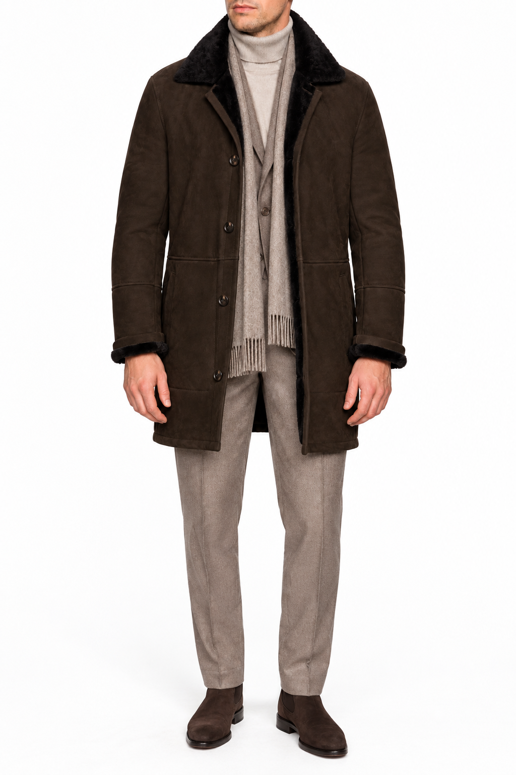 HETTABRETZ Brown Suede Shearling Leather Fur Coat Overcoat