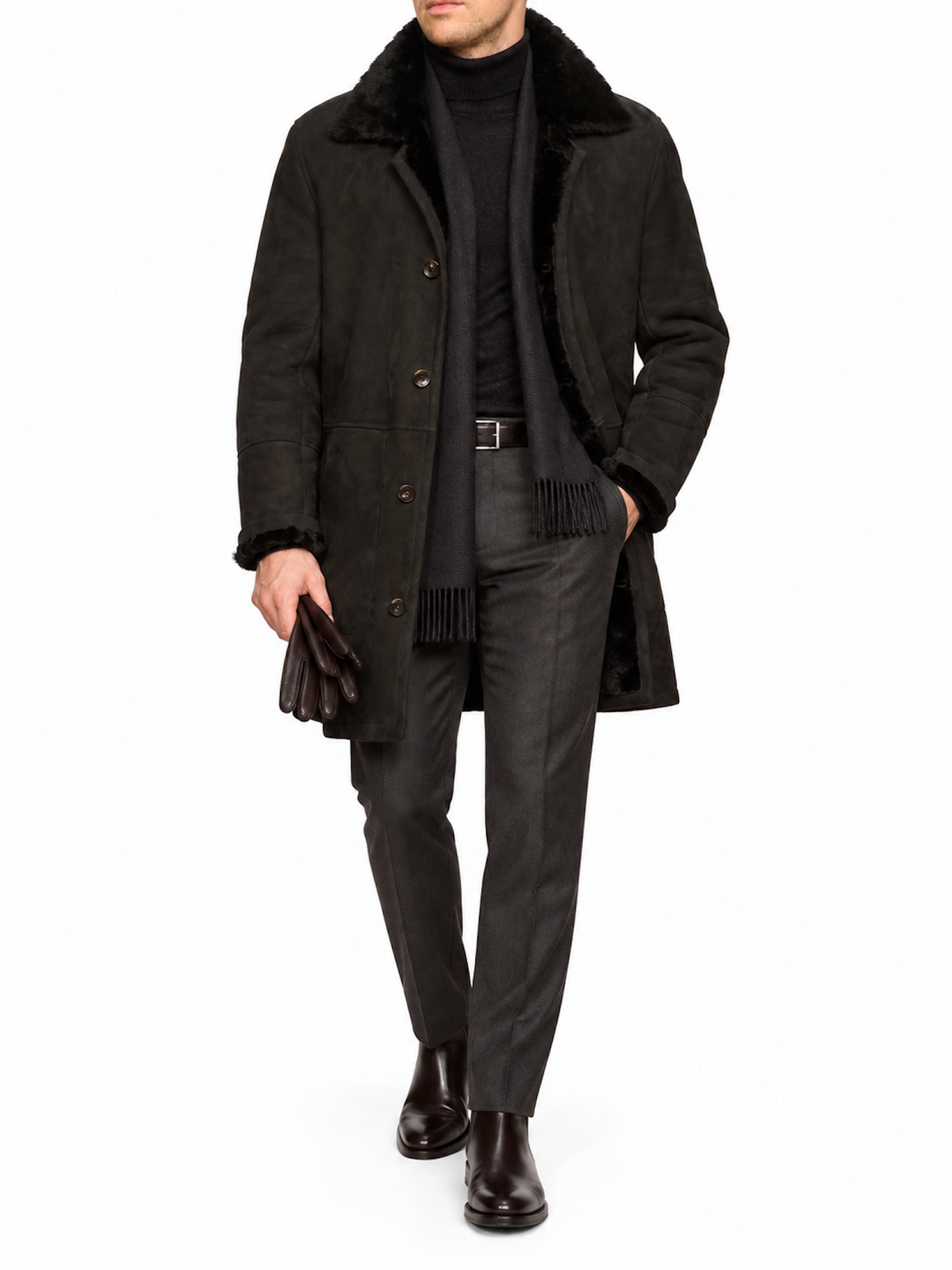 HETTABRETZ Black Suede Shearling Leather Fur Coat Overcoat