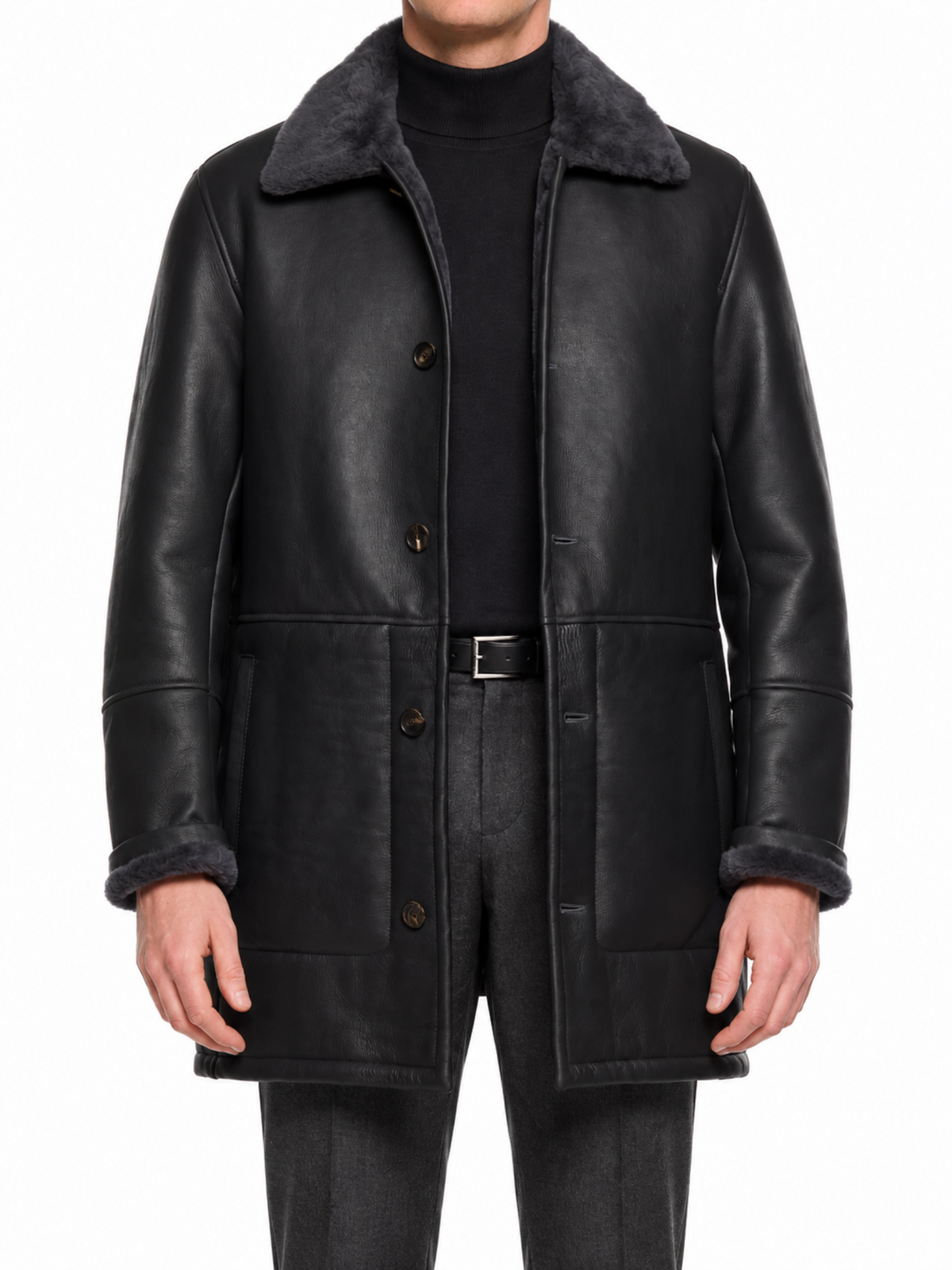 HETTABRETZ Smoke Gray Nappa Leather Shearling Mouton Coat