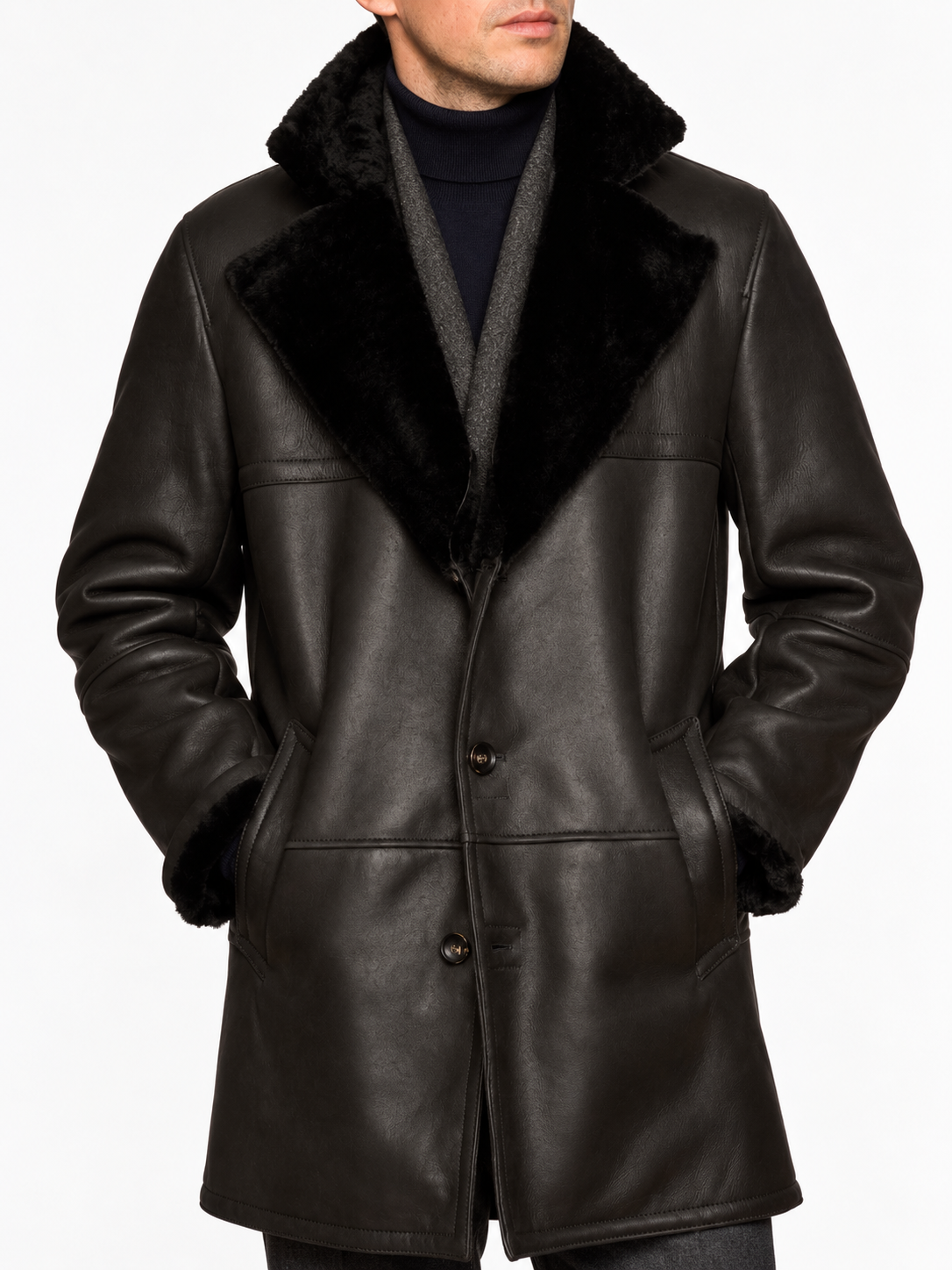 HETTABRETZ Black Leather Mouton Fur Lined Shearling Coat