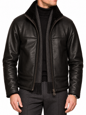 HETTABRETZ Black Shearling Biker Aviator Fur Lined Bomber Jacket Slim