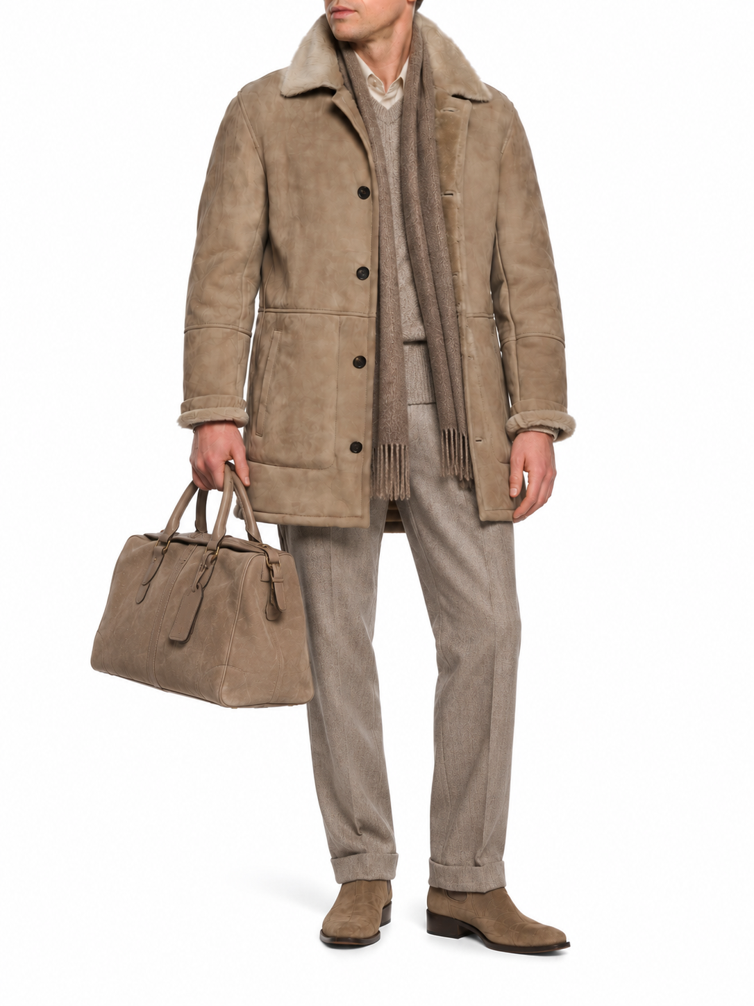 HETTABRETZ Taupe Suede Shearling Leather Fur Coat Overcoat