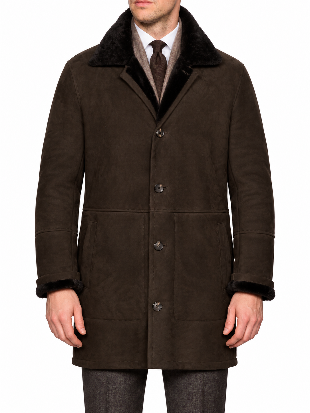HETTABRETZ Brown Suede Shearling Leather Fur Coat Overcoat