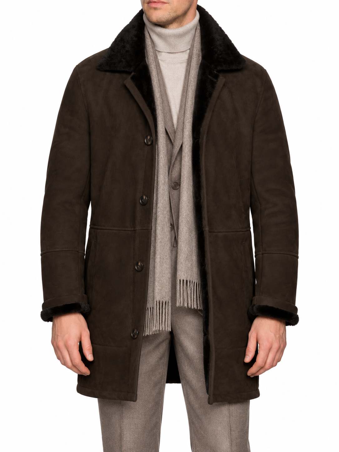 HETTABRETZ Brown Suede Shearling Leather Fur Coat Overcoat