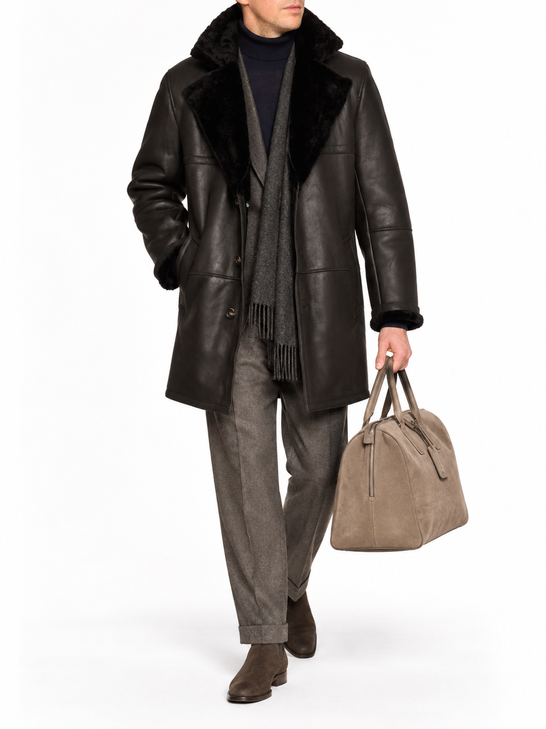 HETTABRETZ Black Leather Mouton Fur Lined Shearling Coat