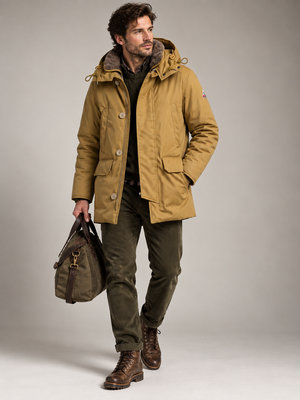HOLUBAR "Boulder" Tan Cotton Down Filled Parka Jacket Alpaca Mohair NEW