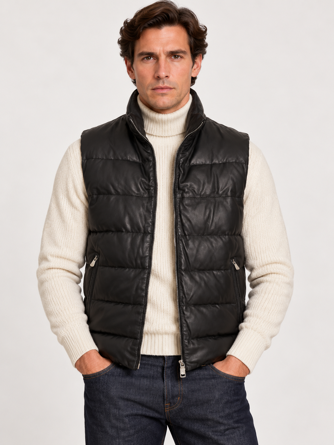 LUIGI BORRELLI Brown Leather Goose Down Vest XL
