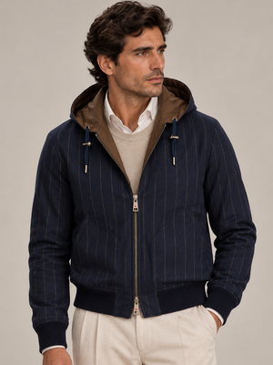 KITON KIRED "Barwa" Navy Chalkstripe Reversible Hooded Bomber Jacket