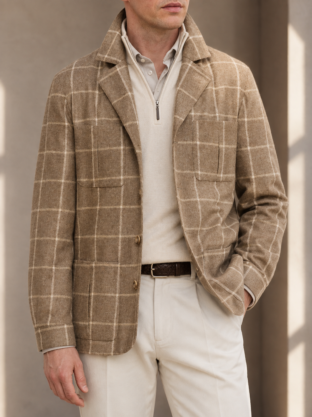 PIETRA SALATA Napoli "John" Beige Windowpane Wool Travel Jacket Car Coat NEW Slim