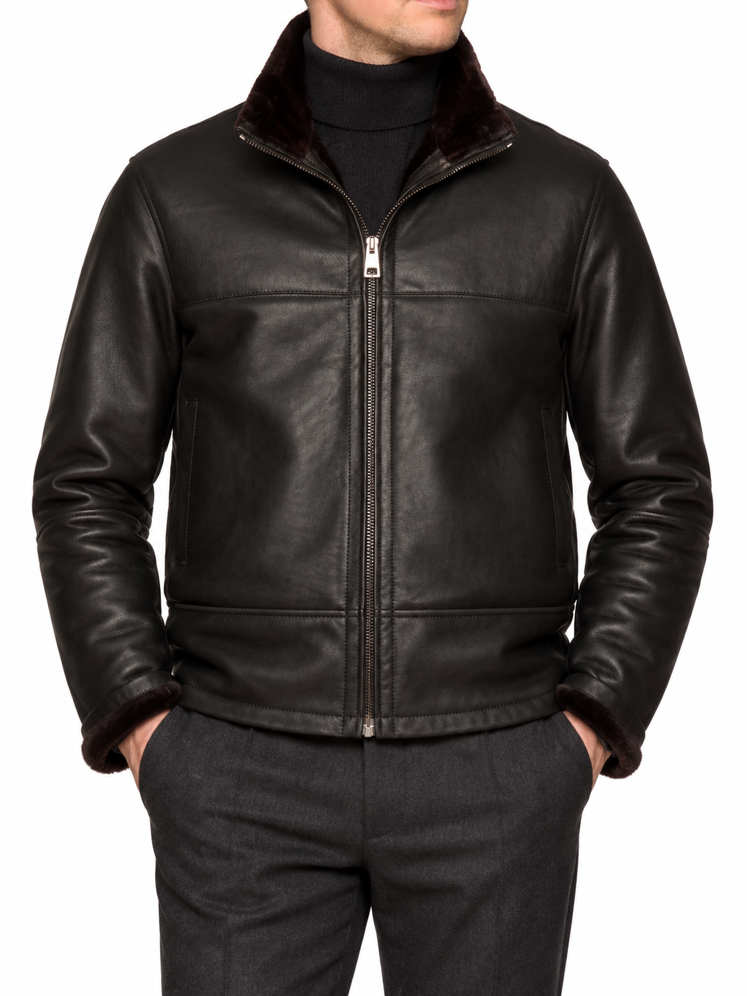 HETTABRETZ Black Shearling Biker Aviator Fur Lined Bomber Jacket Slim