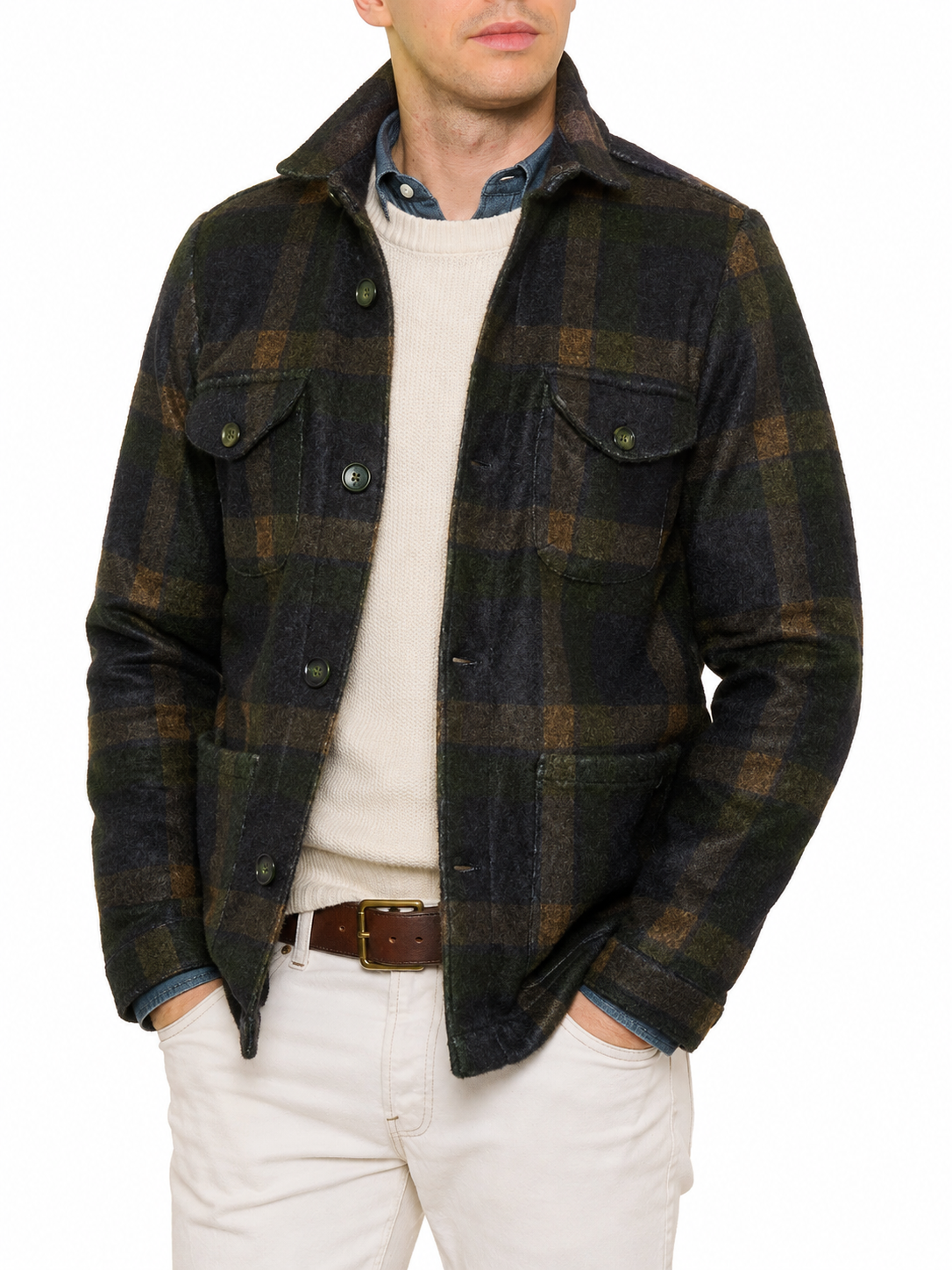 PIETRA SALATA Napoli Green-Blue-Beige Plaid Safari Jacket Overshirt NEW