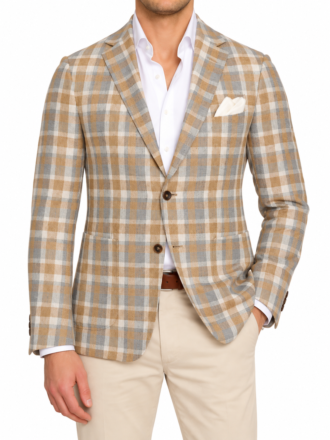 ERMENEGILDO ZEGNA Beige Plaid Wool-Silk-Linen Sport Jacket NEW
