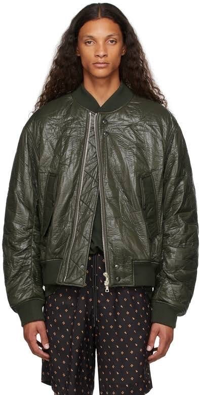 Rare Collector's DRIES VAN NOTEN Green Crinkled Bomber Jacket Size L