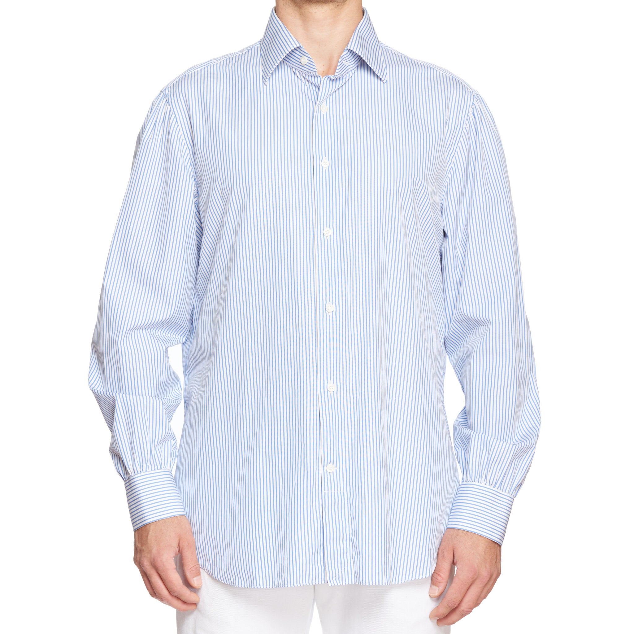 BESPOKE ATHENS Handmade Blue Striped Poplin Cotton Dress Shirt EU 45 US 18