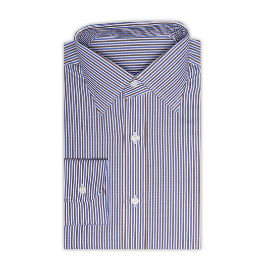 BESPOKE ATHENS Handmade Blue-Brown Striped Cotton Dress Shirt EU 41 NEW US 16