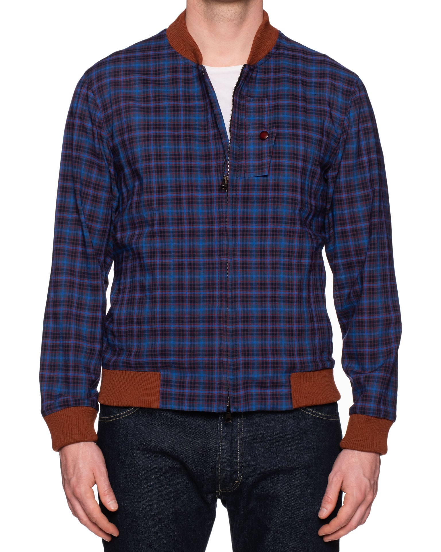 BOGLIOLI Milano "Wear" Blue Plaid Unlined Blouson Bomber Jacket EU 48 NEW US S BOGLIOLI