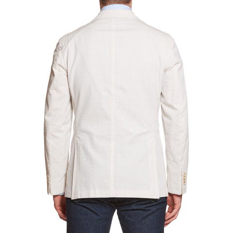 BOGLIOLI "K. Jacket" White-Beige Striped Seersucker Cotton Peak Lapel Jacket 50 NEW US 40