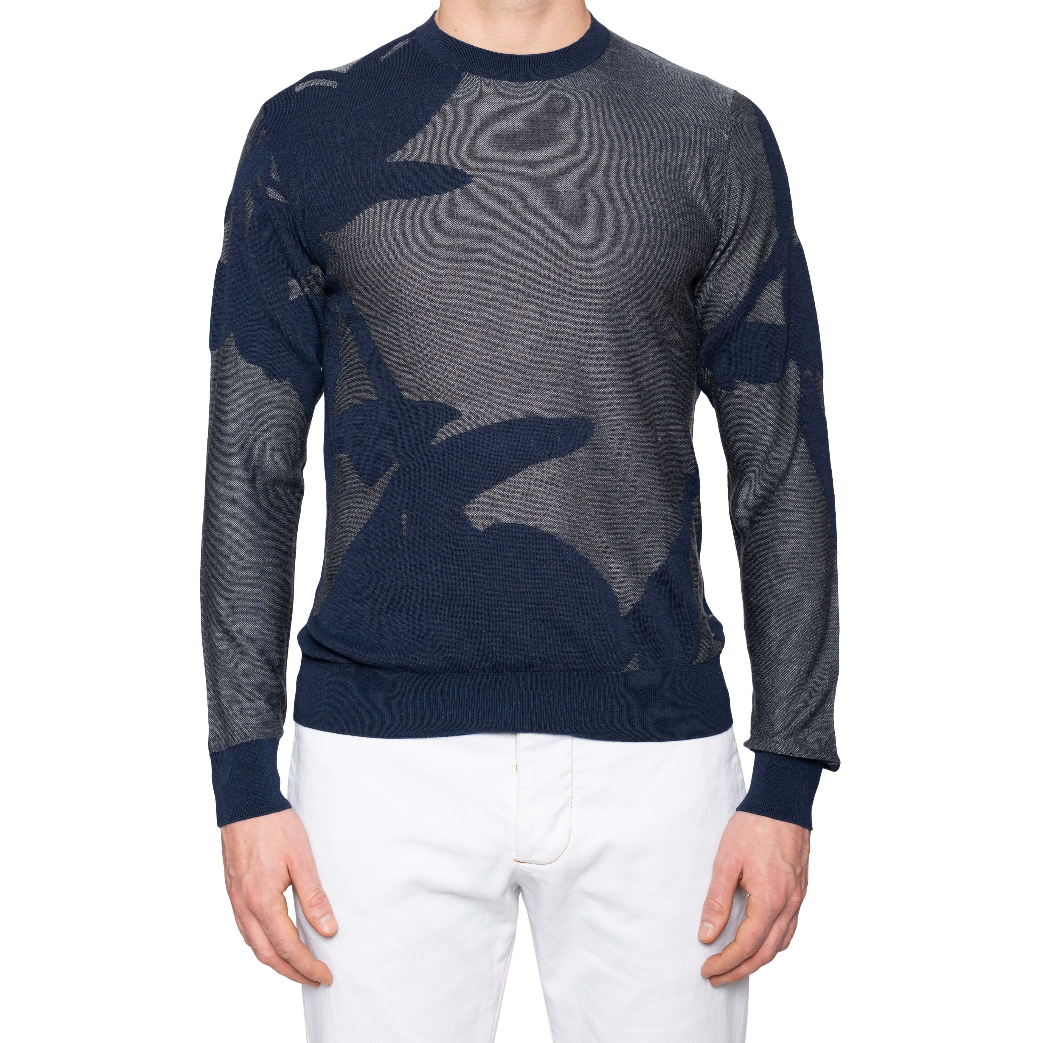 BRIONI Handmade Blue Cotton-Silk Ribbed Crewneck Sweater EU 52 US L BRIONI
