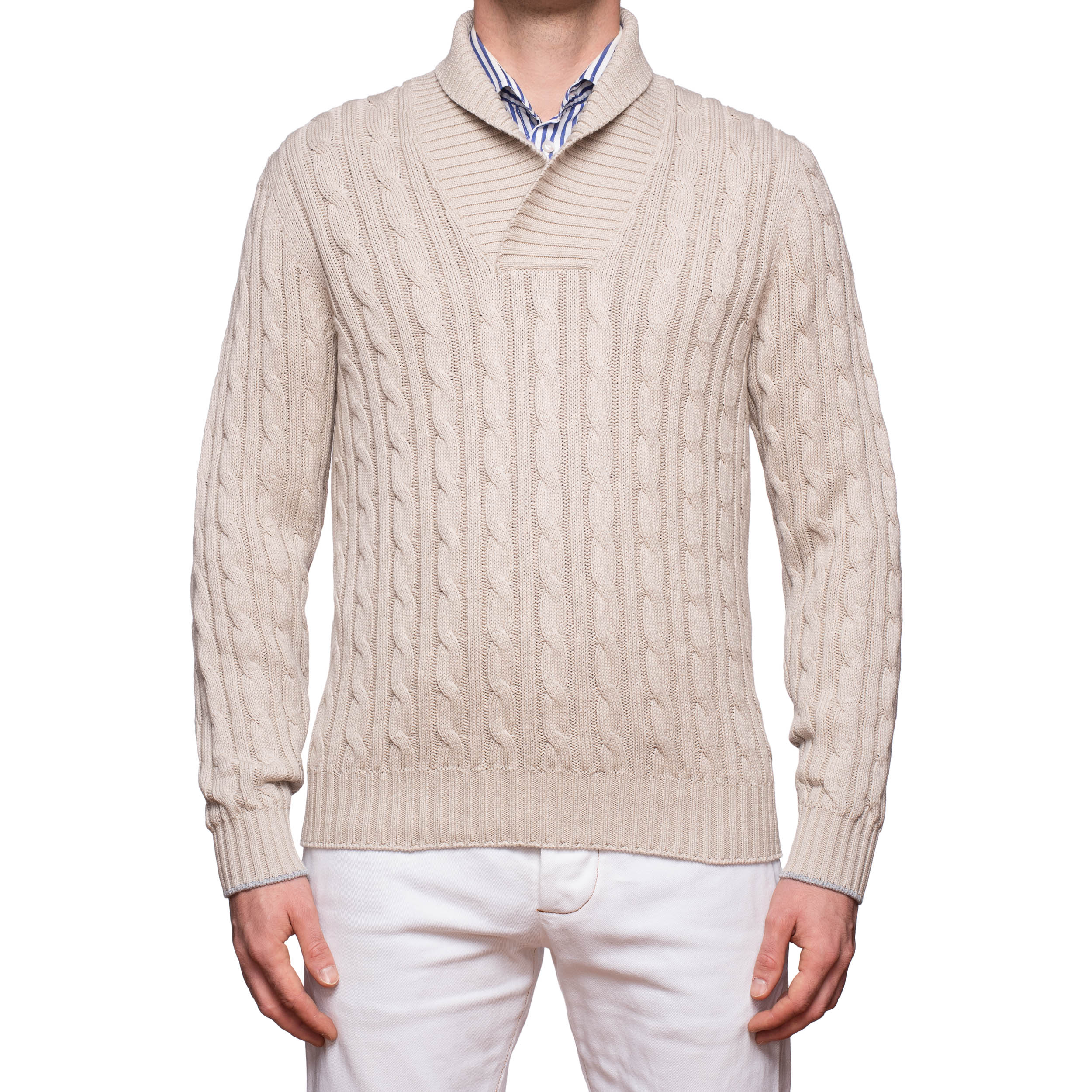 BRUNELLO CUCINELLI Beige Cotton Shawl Collar Cable Knit Sweater EU 50 NEW US M