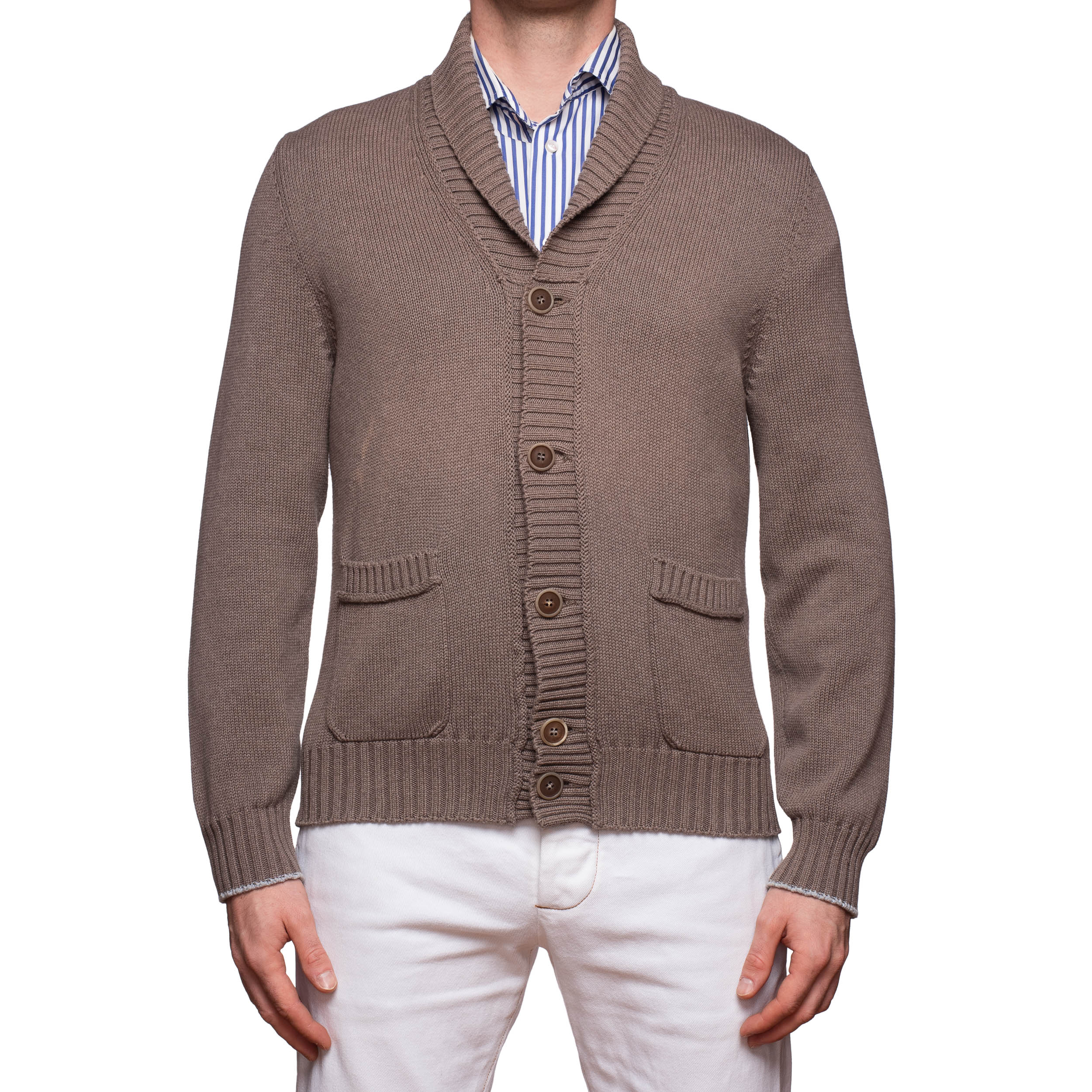 BRUNELLO CUCINELLI Brown Cotton Knitted Shawl Collar Cardigan Sweater EU 50 US M BRUNELLO CUCINELLI