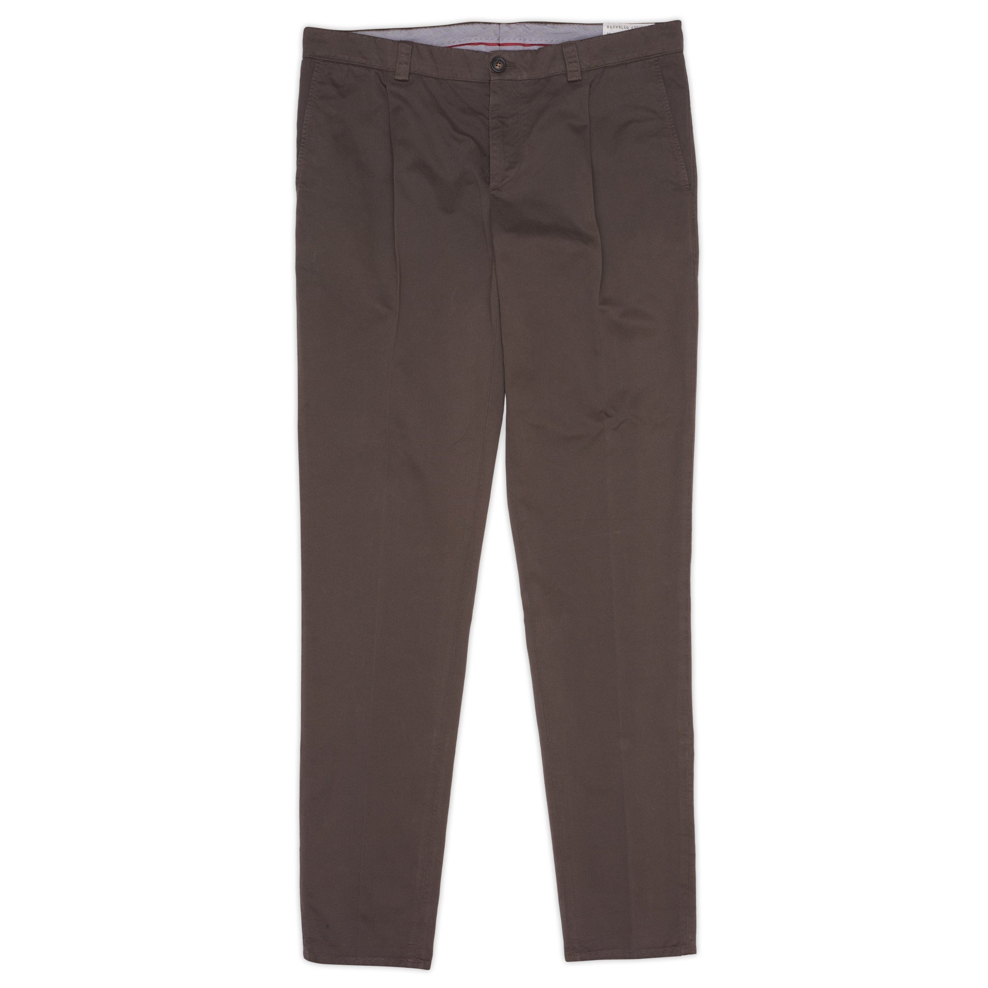 BRUNELLO CUCINELLI Brown Twill Cotton Single Pleated Pants EU 54 US 38 Slim Fit