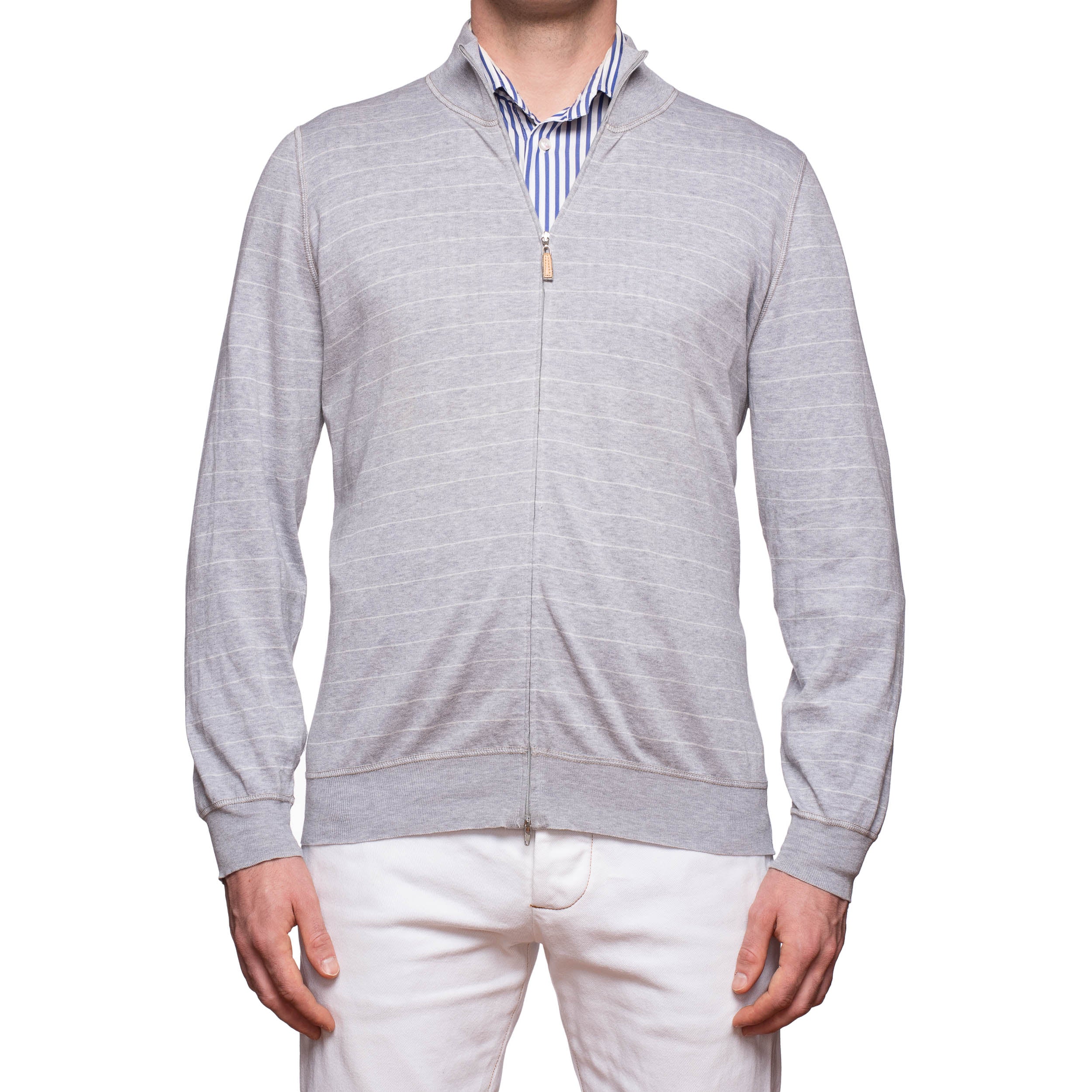 BRUNELLO CUCINELLI Gray Striped Cotton Zip-Front Cardigan Sweater EU 54 US XL BRUNELLO CUCINELLI