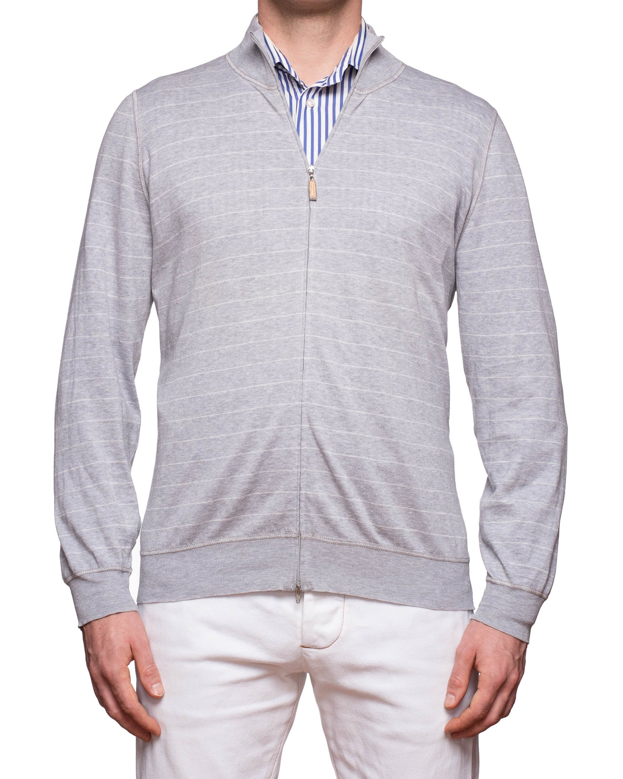 BRUNELLO CUCINELLI Gray Striped Cotton Zip-Front Cardigan Sweater EU 54 US XL BRUNELLO CUCINELLI
