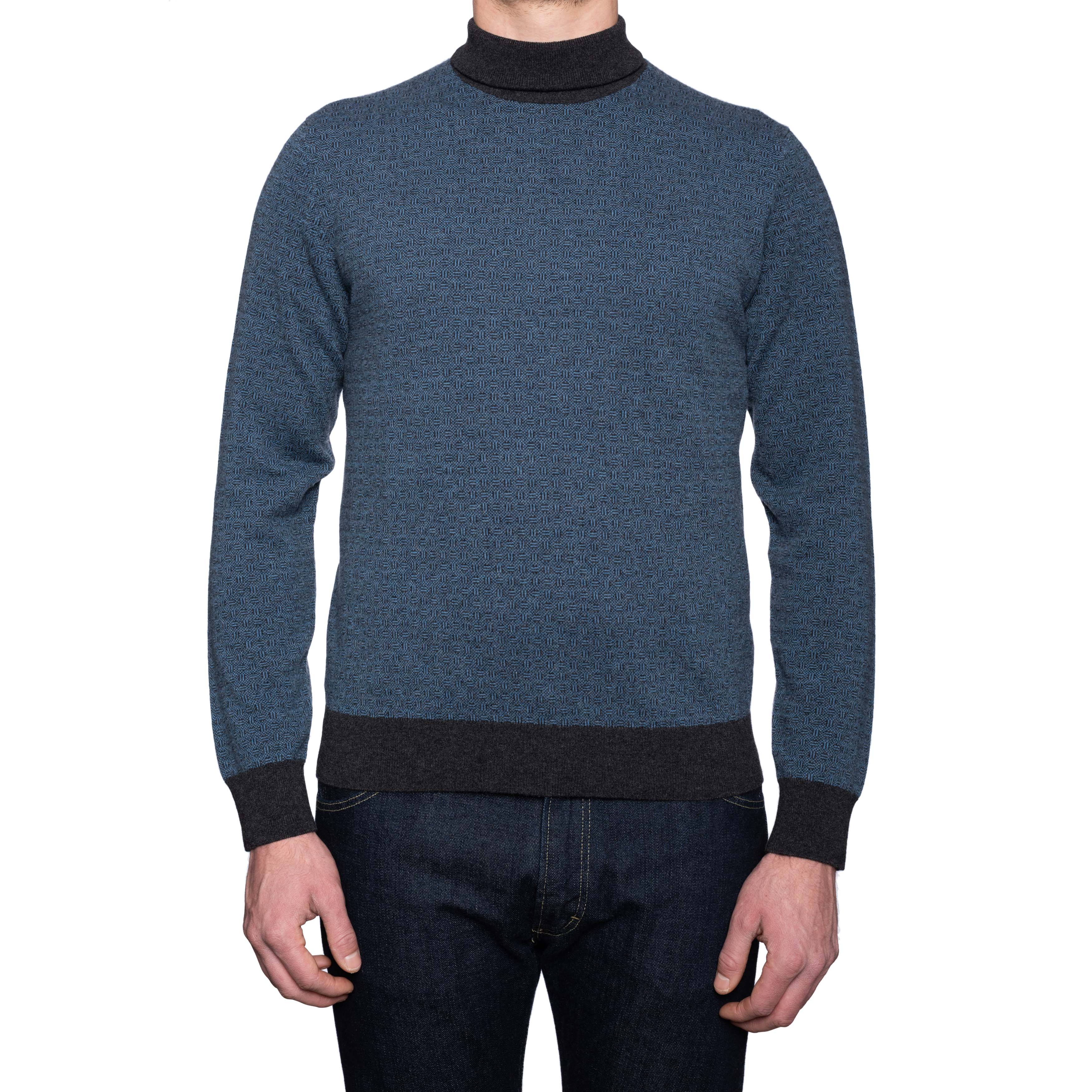 CANALI 1934 Blue Jacquard Cashmere Knit Turtleneck Sweater EU 56 NEW US XXL