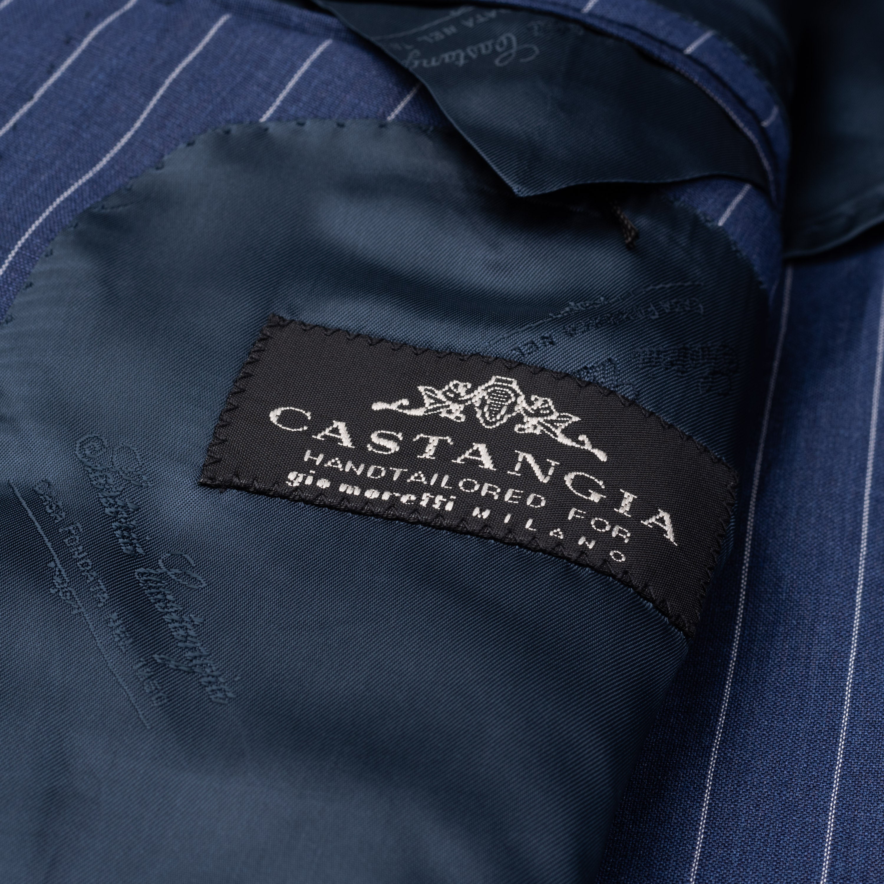 CASTANGIA 1850 Blue Striped Wool-Linen Suit with Leather Trims EU 50 NEW US 40