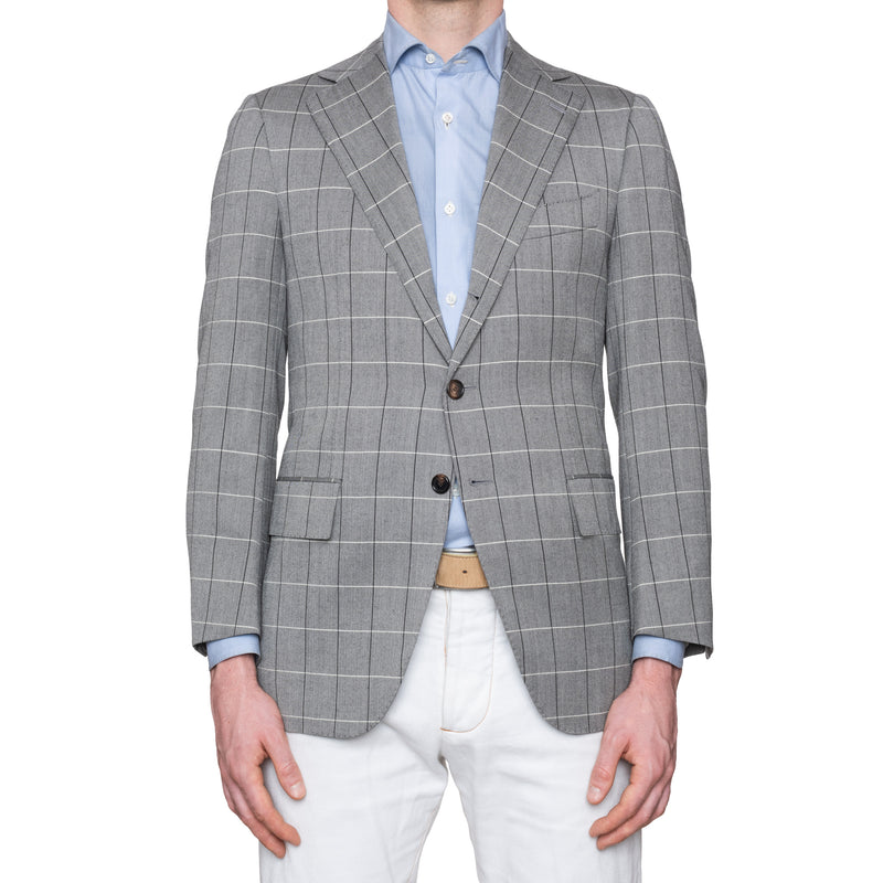 CESARE ATTOLINI Gray Herringbone Plaid Wool Super 120's Blazer Jacket