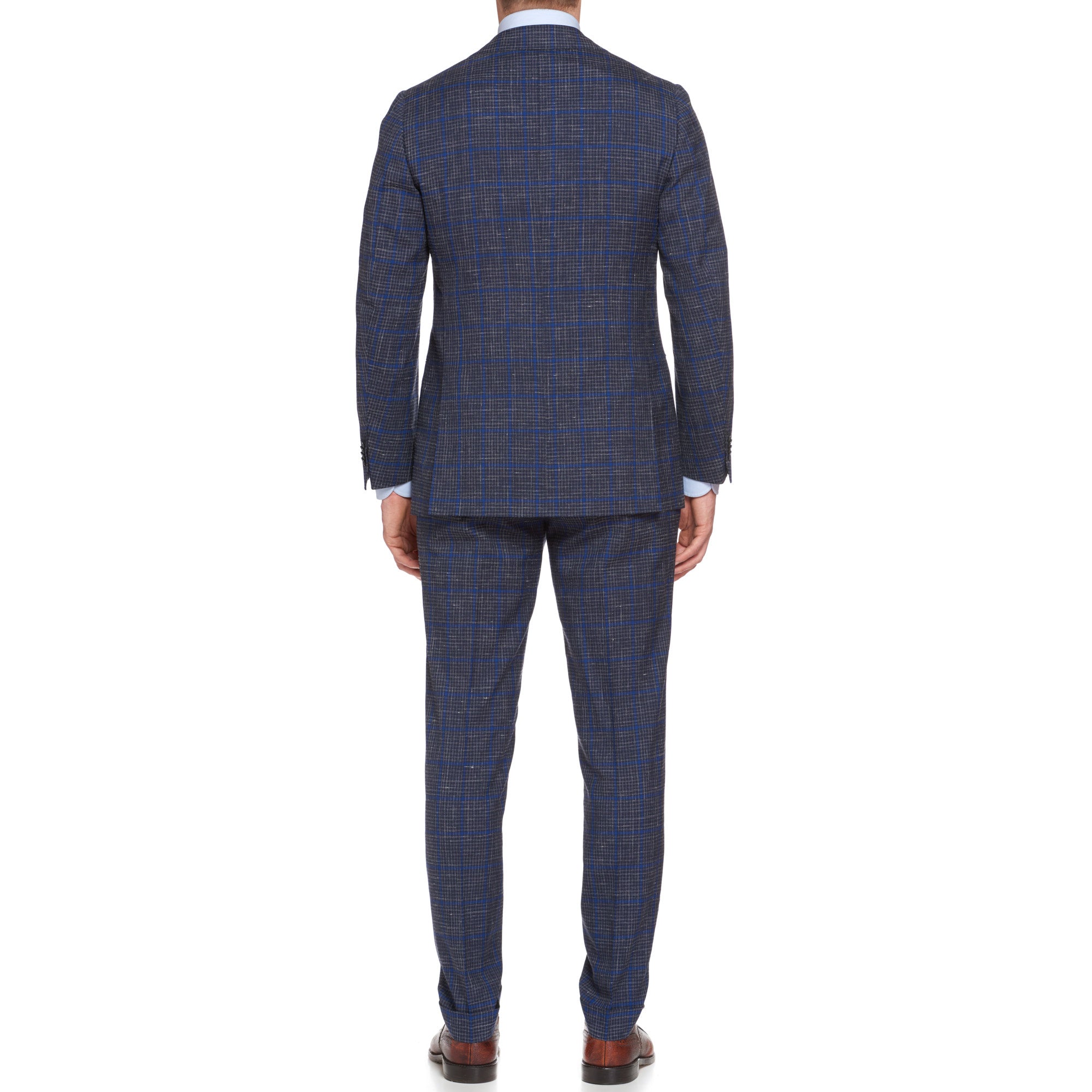 CESARE ATTOLINI Napoli Handmade Blue Plaid Wool-Silk-Linen Suit EU 48 NEW US 38