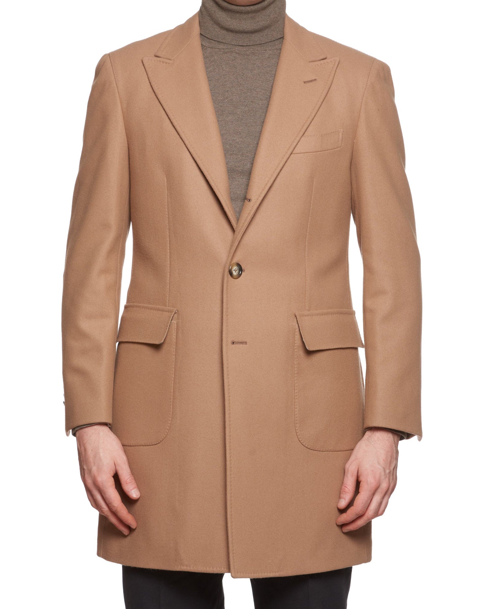 DAVID BROWN Wool Flannel Peak Lapel Camel Color Coat NEW DAVID BROWN
