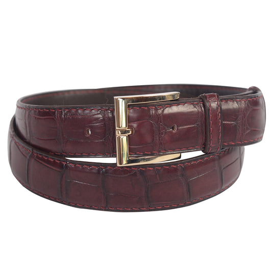 DURET Burgundy Crocodile Leather Belt with Gold-Tone Square Buckle 35" NEW 90cm