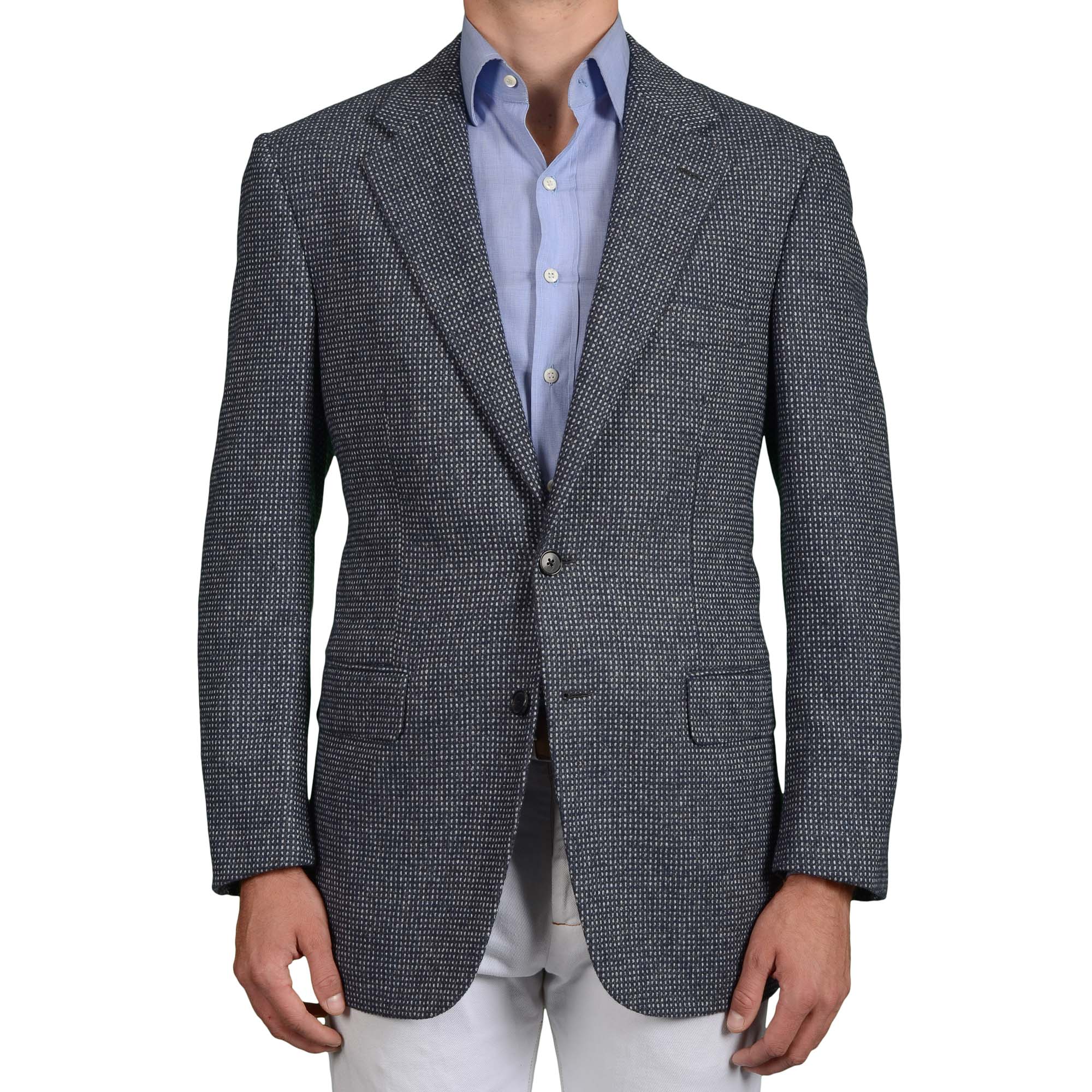 D'AVENZA Roma Handmade Blue Hopsack Wool-Angora-Cashmere Jacket EU 54 NEW US 44