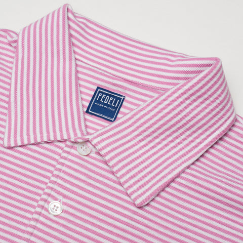 FEDELI Dark Pink Striped Cotton Light Pique Long Sleeve Polo Shirt NEW